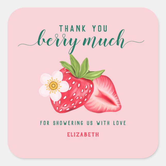 Strawberry Baby Shower Thank You Berry Much Custom Square Sticker (Front)