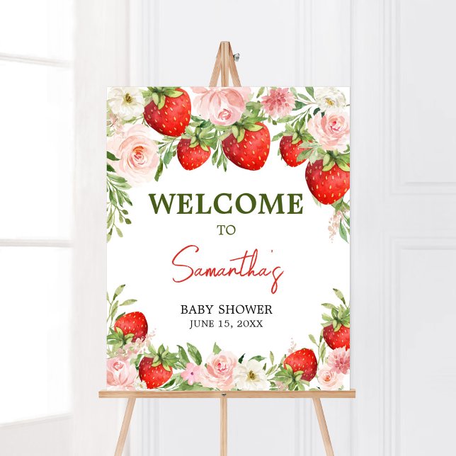 Strawberry Baby Shower Welcome Poster (Pink Floral Strawberry Baby Shower Welcome Sign)