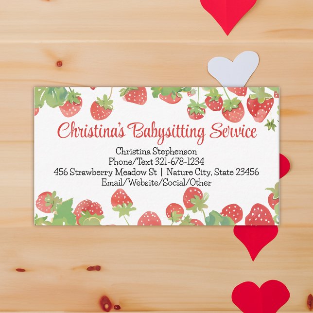 Strawberry Babysitter Daycare Childrens Preschool Business Card (strawberry babysitting daycare farm business card)
