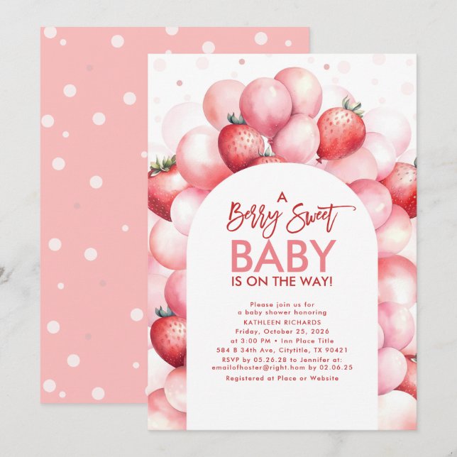 Strawberry Balloons Berry Sweet Baby Shower Invitation (Front/Back)