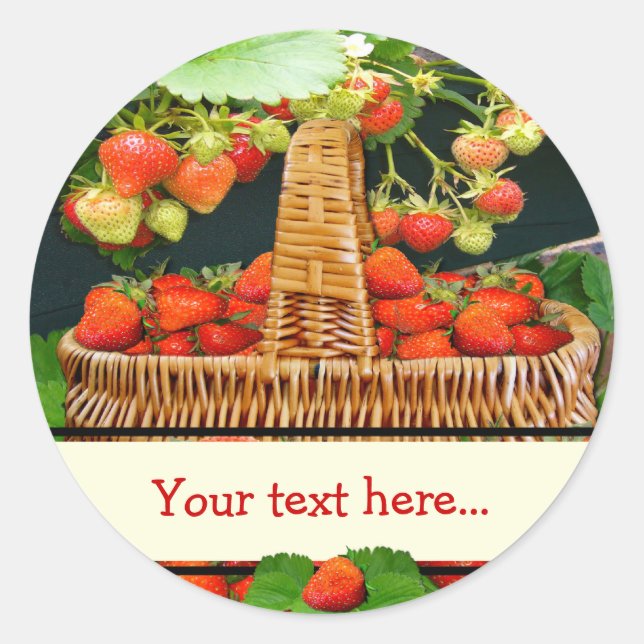Strawberry Basket  ~ Your Text Round Sticke Classic Round Sticker (Front)