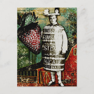 Strawberry Beer Guy - Vintage Ephemera Collage Postcard