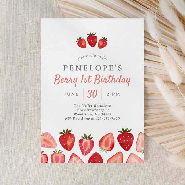 Strawberry Berry 1st Birthday Invitation (Creator Uploaded)