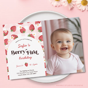 Strawberry Berry 1st Birthday Photo Invitation