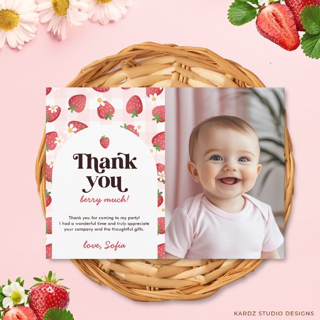 Strawberry Berry 1st Birthday Thank You Card (The front of the card is shown in a 4.5 x 6.25-inch size. Choose size, paper, and corner style.)