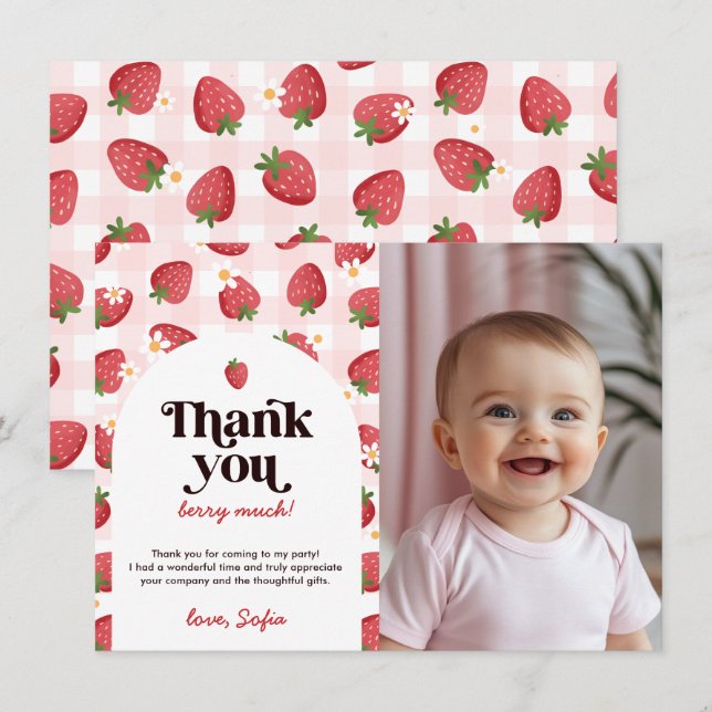Strawberry Berry 1st Birthday Thank You Card (Front/Back)