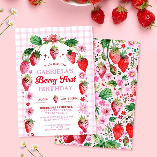 Strawberry Berry 1st Birthday Watercolor  Invitation (Strawberry Berry 1st Birthday Watercolor Invitation)