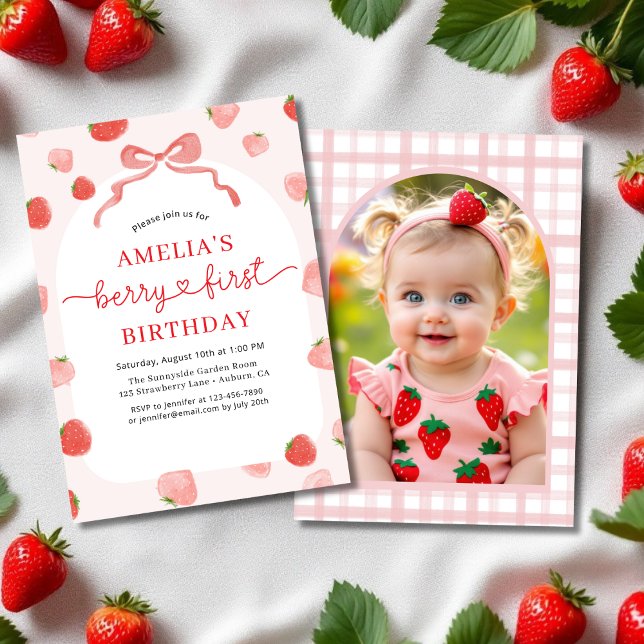 Strawberry Berry 1st First Birthday Photo Girl's Invitation (Creator Uploaded)