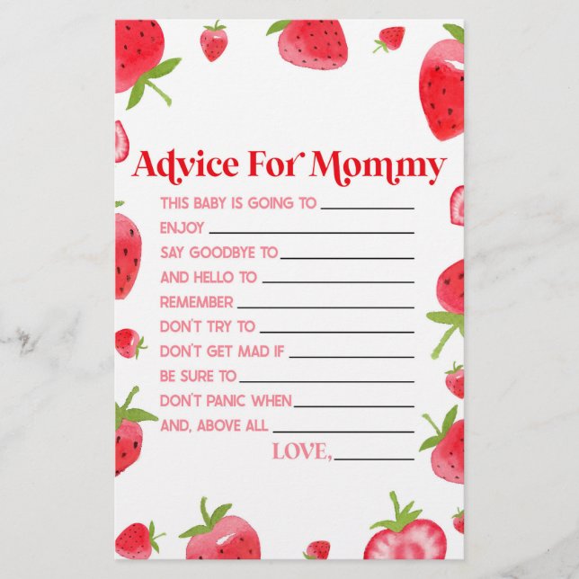 Strawberry Berry Advice Baby Shower Game Activity Stationery (Front)