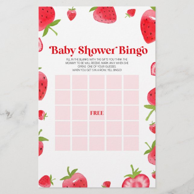 Strawberry Berry Bingo Baby Shower Game Stationery (Front)