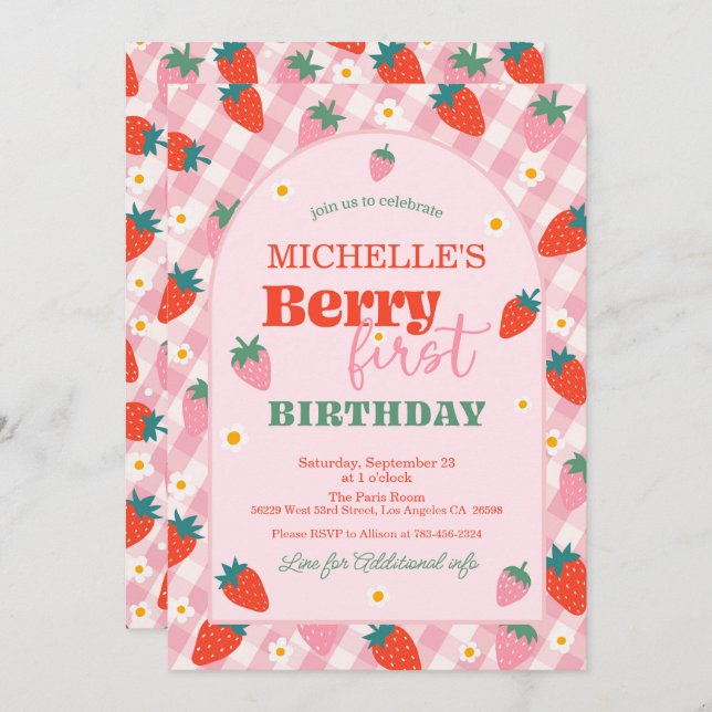 Strawberry Berry First 1st Birthday Gingham Invitation (Front/Back)