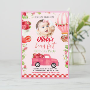 Strawberry Berry First 1st Birthday Invitation