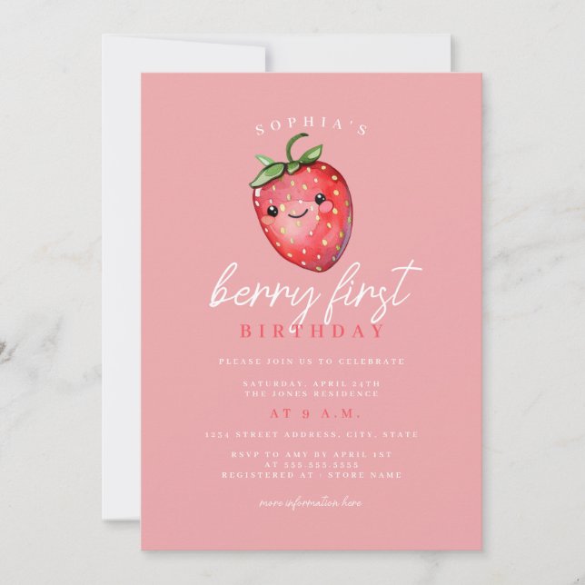 Strawberry Berry First 1st Birthday  Invitation (Front)