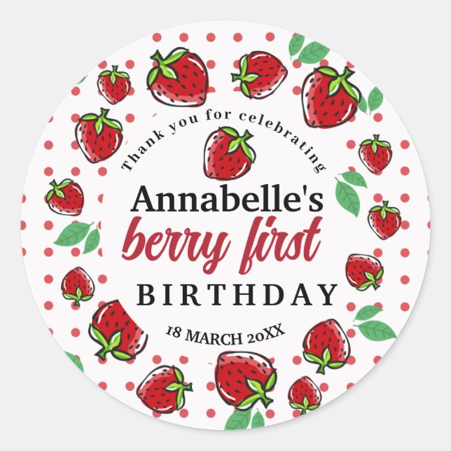 Strawberry Berry First 1st Birthday  Party Classic Round Sticker (Front)