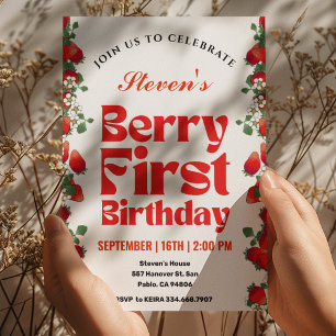 Strawberry Berry First 1st Birthday party Invitation