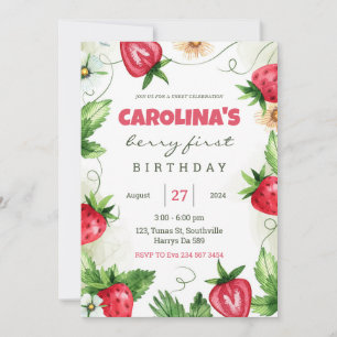 Strawberry Berry First 1st Birthday Party Invitation