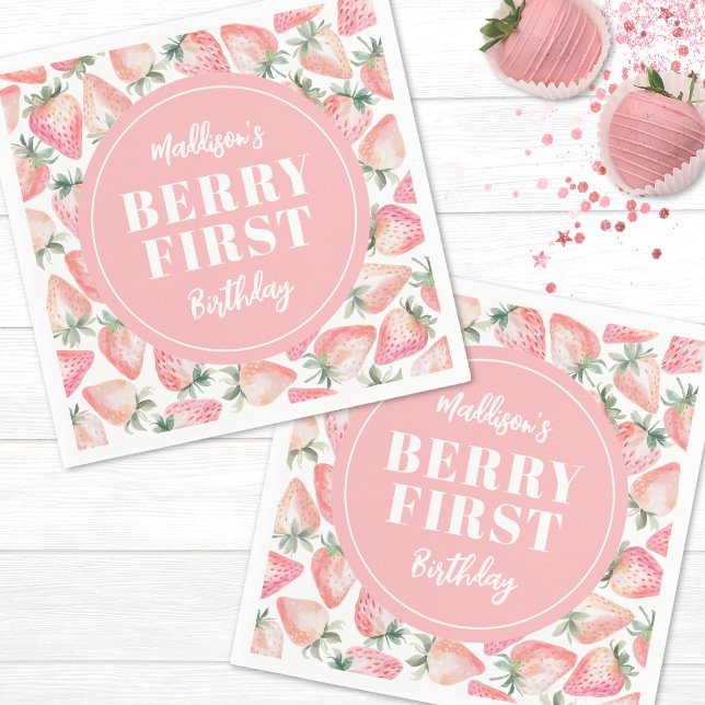 Strawberry Berry First 1st Birthday Party Napkin (Strawberry Berry First 1st Birthday Party Napkins)