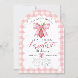 Strawberry Berry First 1st Birthday Party Photo  Invitation
