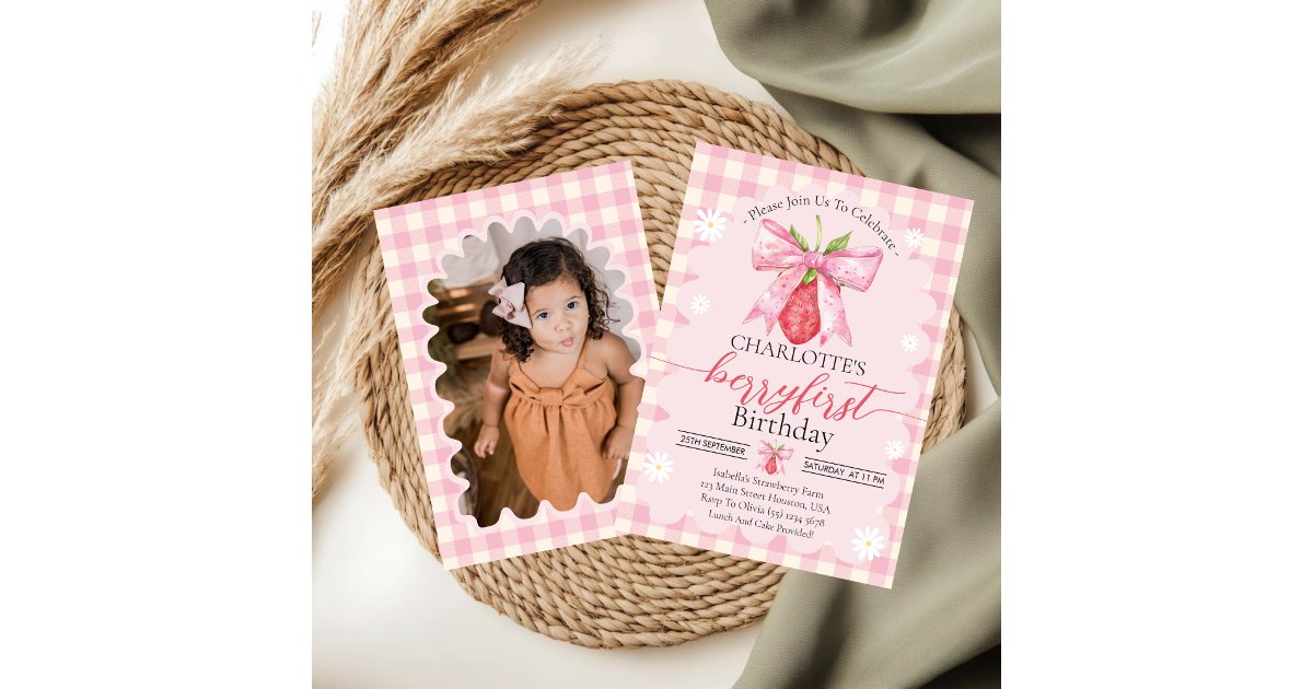 Strawberry Berry First 1st Birthday Party Photo Invitation | Zazzle