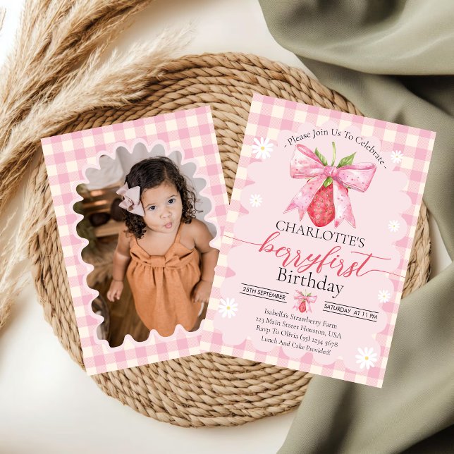 Strawberry Berry First 1st Birthday Party Photo  Invitation (Creator Uploaded)