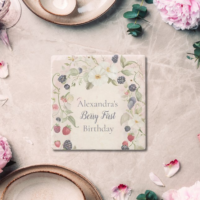  Strawberry Berry First 1st Birthday Party  Stone Coaster (Creator Uploaded)
