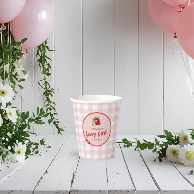 Strawberry Berry First 1st Birthday Pink Gingham Paper Cups (Berry First Strawberry FIrst Birthday Party Paper Cup)