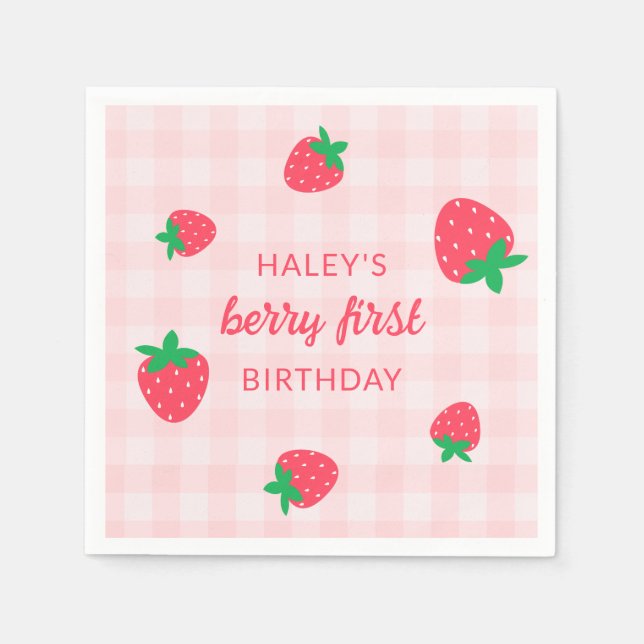 Strawberry Berry First 1st Cute Baby Pink Birthday Napkin (Front)