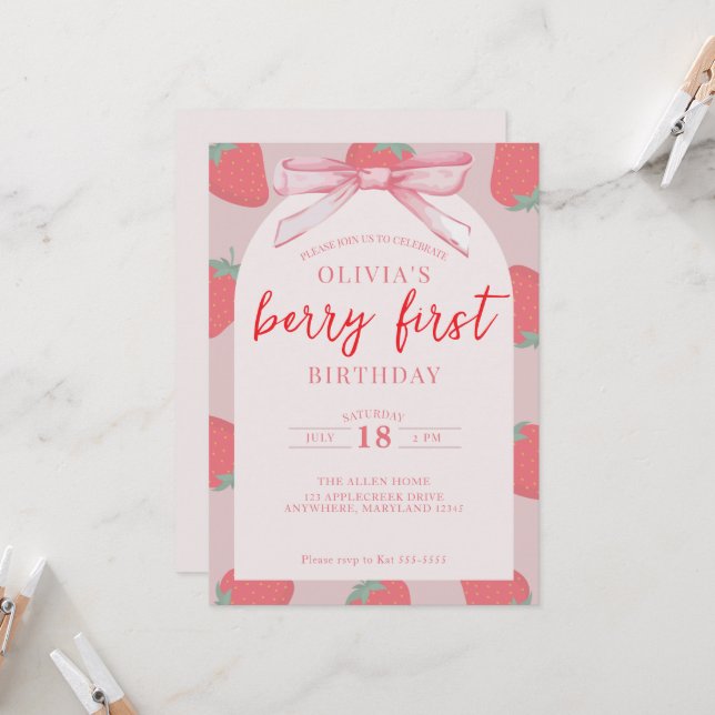 Strawberry Berry First Birthday Girl Invitation (Front/Back In Situ)