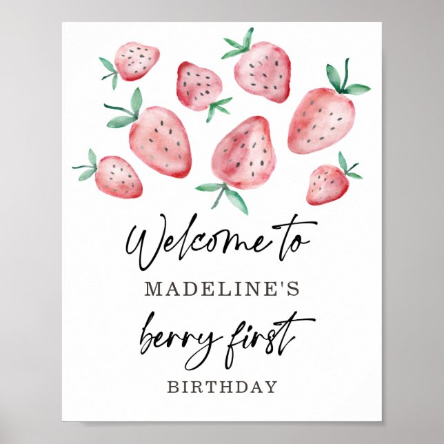 Strawberry Berry First Birthday Girl Sweet Welcome Poster (Front)