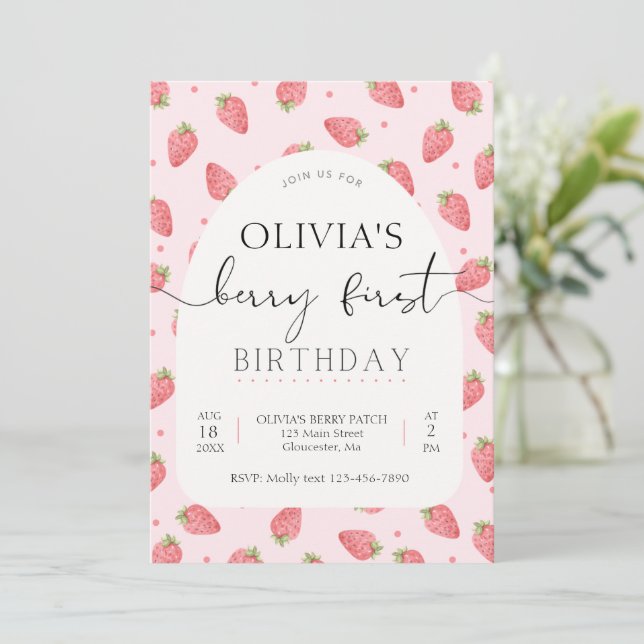 Strawberry Berry First Birthday Invitation (Standing Front)