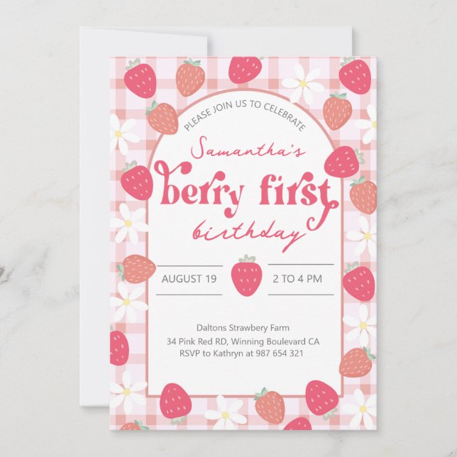 Strawberry Berry First Birthday Invitation (Front)