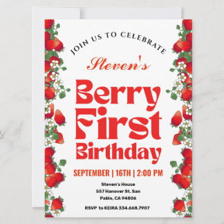 Strawberry Berry First Birthday Invitation