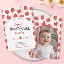 Strawberry Berry First Birthday Invitation