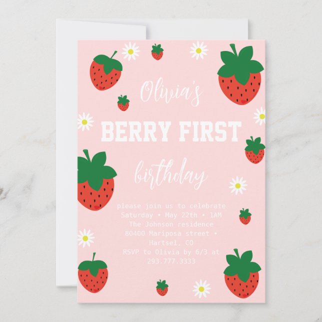 Strawberry Berry First Birthday Invitation (Front)