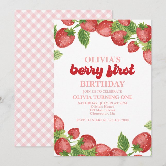 Strawberry Berry First Birthday Invitation (Front/Back)