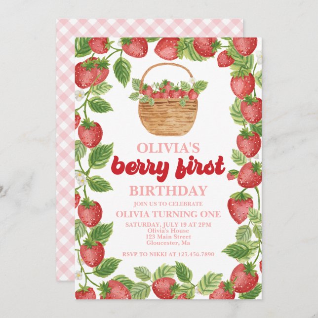 Strawberry Berry First Birthday Invitation (Front/Back)