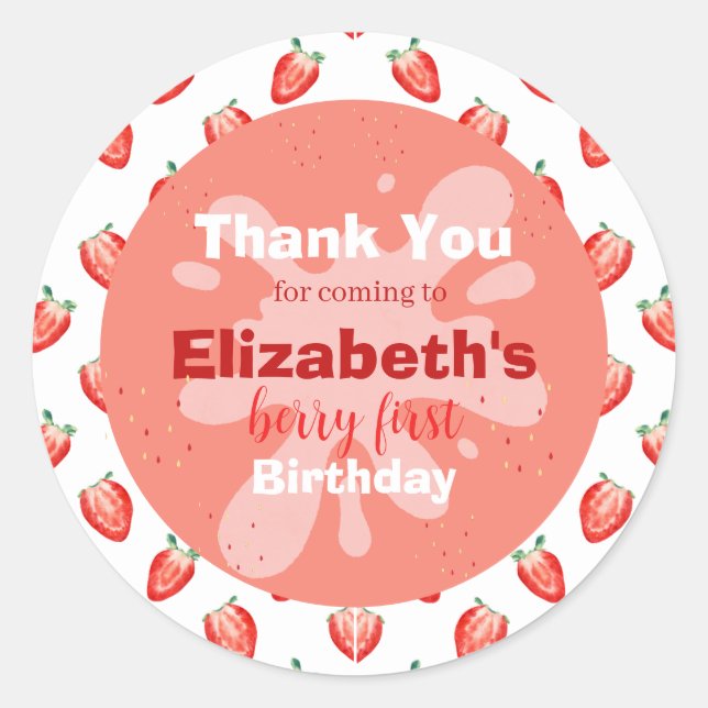 Strawberry Berry First Birthday Invitation Classic Round Sticker (Front)