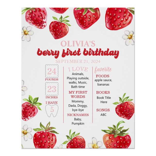 Strawberry Berry First Birthday Milestone Poster (Front)