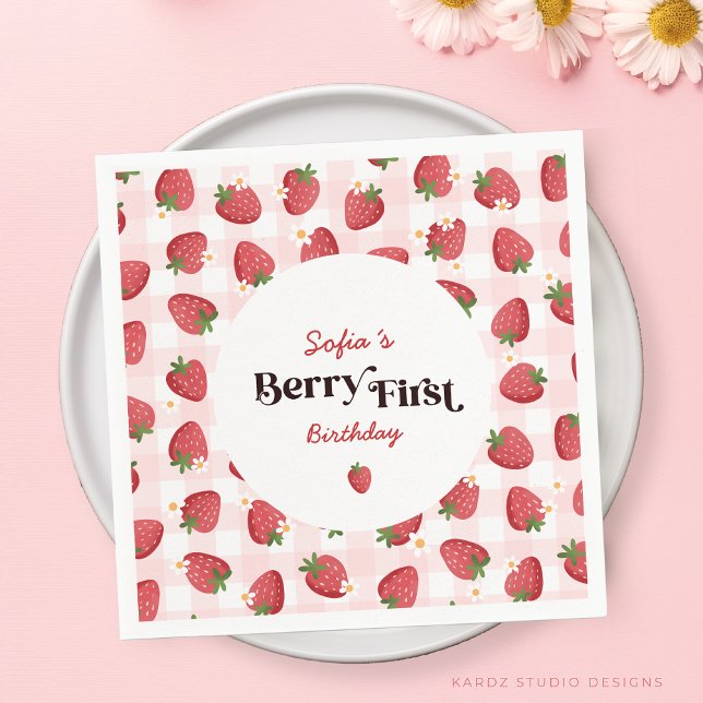 Strawberry Berry First Birthday Napkin (This personalized napkins have the size or a cocktail paper napkin. Perfect for a sweet birthday.)