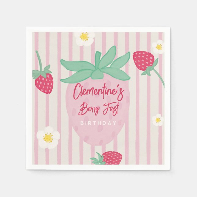 Strawberry Berry First Birthday Paper Napkins (Front)