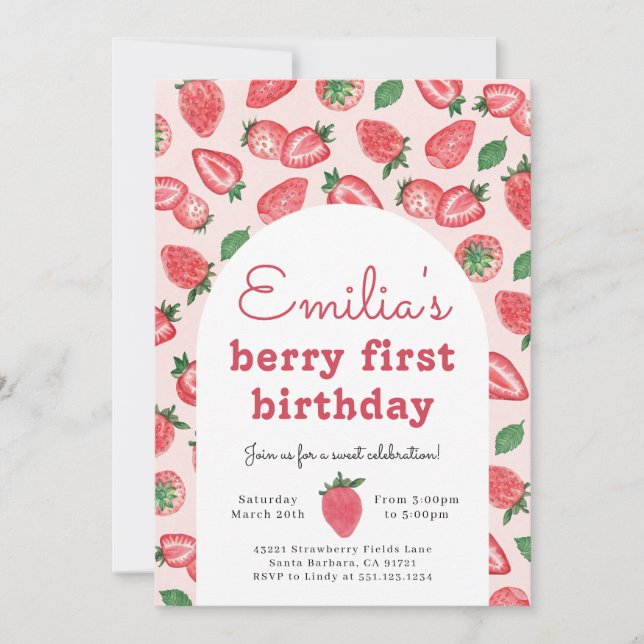 Strawberry Berry First Birthday Party Invitation (Front)