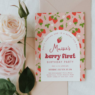 Strawberry Berry First Birthday Party Invitation