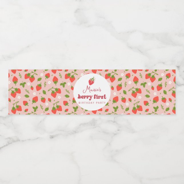 Strawberry Berry First Birthday Party Water Bottle Label (Single Label)