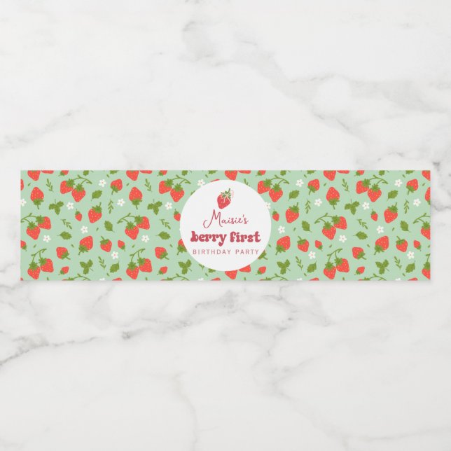 Strawberry Berry First Birthday Party Water Bottle Label (Single Label)