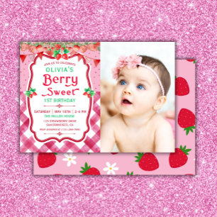 Strawberry Berry First Birthday Photo Girl Party Invitation