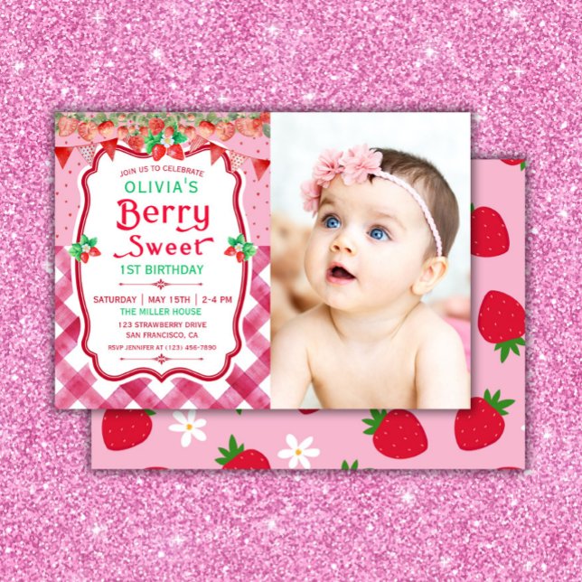 Strawberry Berry First Birthday Photo Girl Party Invitation (Strawberry berry first birthday party girl invitation)