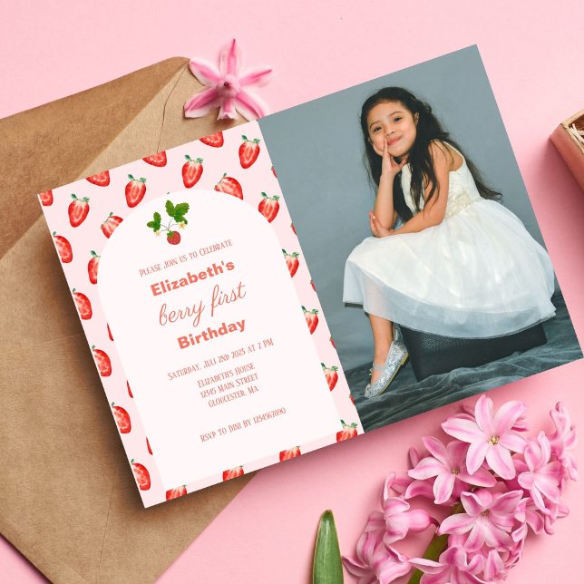 Strawberry Berry First Birthday Photo Invitation (Photo Invitation)