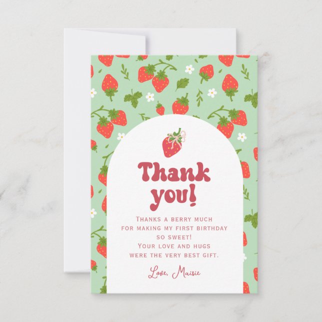 Strawberry Berry First Birthday Photo Thank You Card (Front)