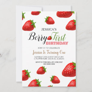 Strawberry Berry First Birthday Simple Cute Baby Invitation