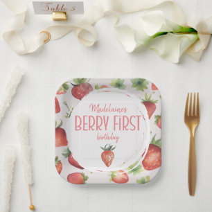 Strawberry Berry First Birthday Square Paper Plate